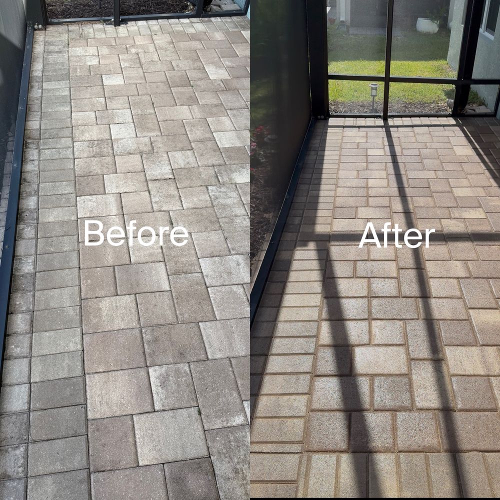 Screened patio paver sealing before and after in Tradition, FL