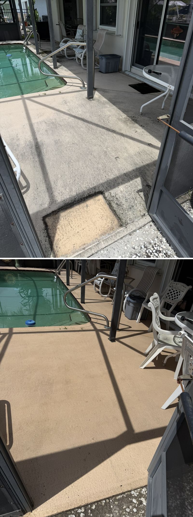 Pool deck cleaning close-up before and after in Stuart, FL